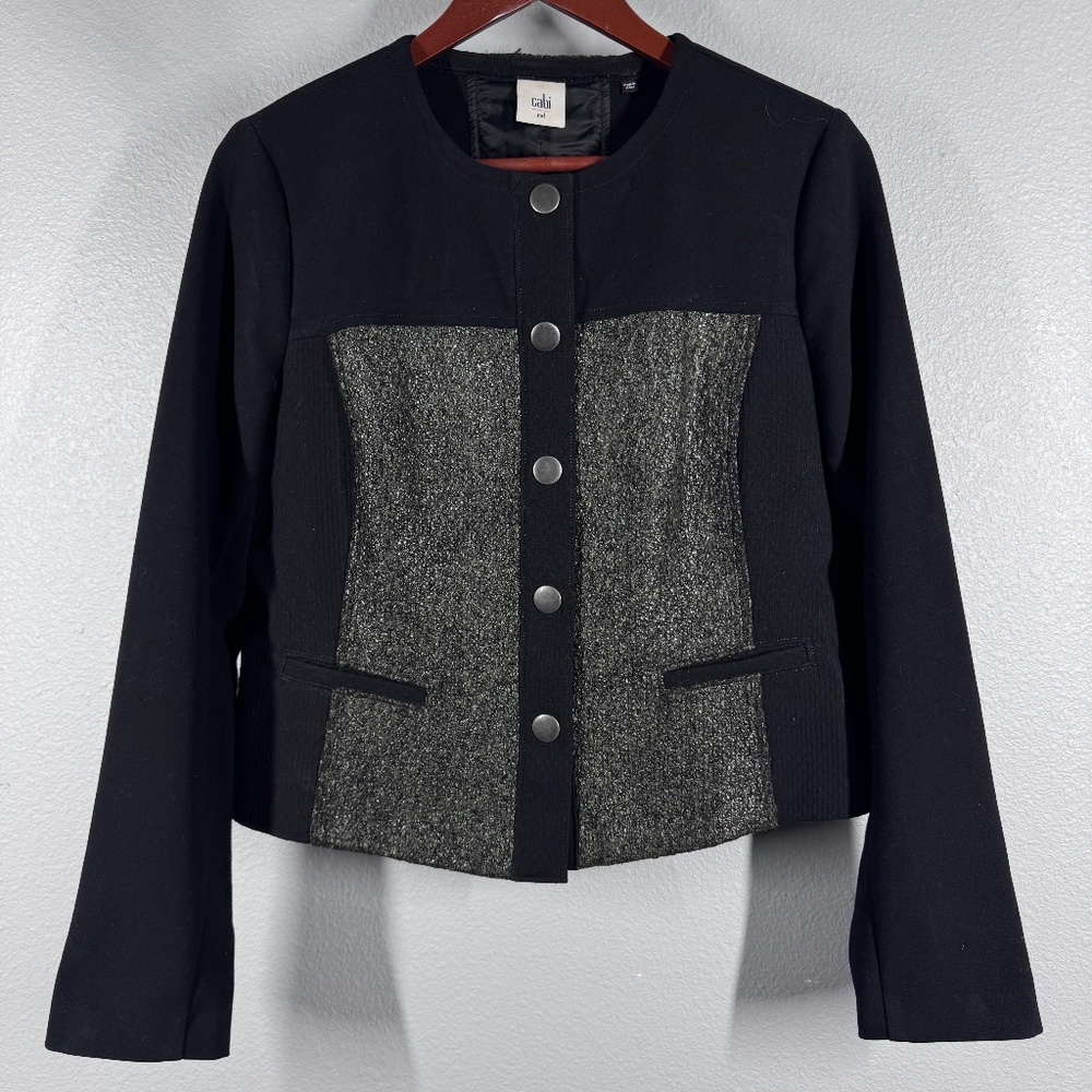 Cabi Panel Mixed Media Jacket | Black Blazer w/Textured Dark Green/Gray‎ Panels